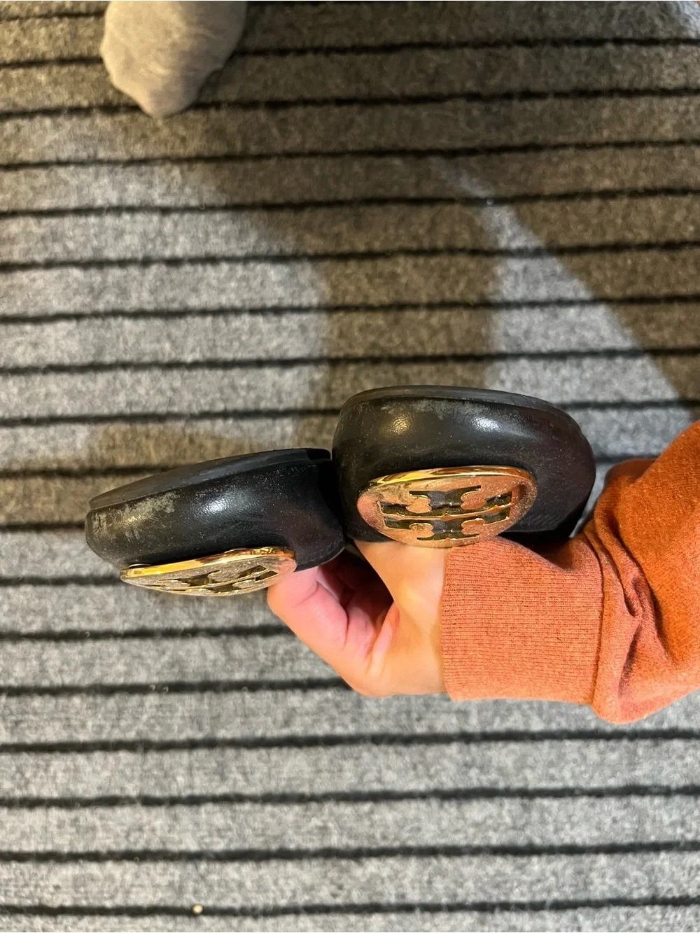 Tory Burch Black Leather Ballet Flats with Gold Logo Medallions